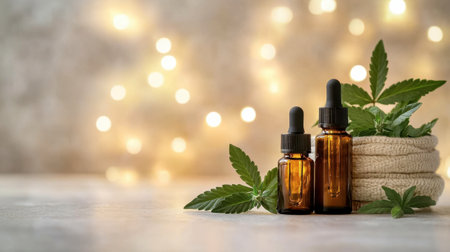 A minimalistic shot of cannabis leaves and CBD oil against a bokeh-lit background, symbolizing natural health benefits.の素材