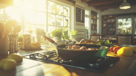 A modern kitchen scene with a shabu pork pan bubbling away on the stovetop, showcasing a delicious family meal.の素材