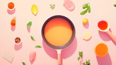 A minimalist view of a shabu pork pan surrounded by fresh herbs, spices, and sauces for dipping.の素材