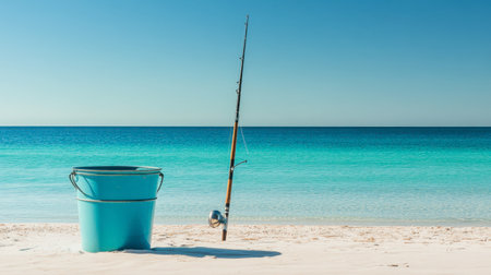 A nostalgic shot of a sea bucket beside an old-fashioned fishing pole on a quiet, sandy beach.の素材