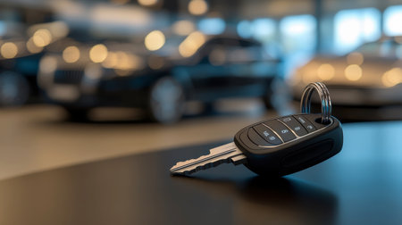 A modern car key resting on a black table with a subtle, blurred background of a car showroom.の素材