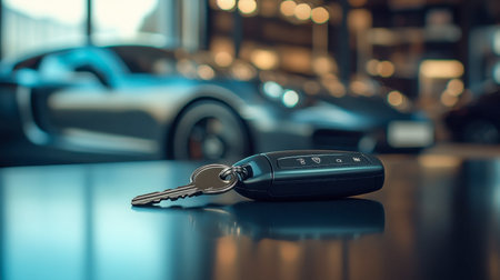 A modern car key resting on a black table with a subtle, blurred background of a car showroom.の素材