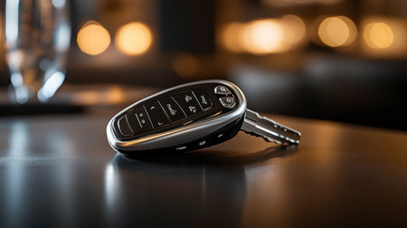 A modern car key with a sleek design placed on a dark table, with soft lighting accentuating its features.の素材