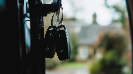 A pair of car keys hanging from a key hook near the front door, ready for the next journey.の素材