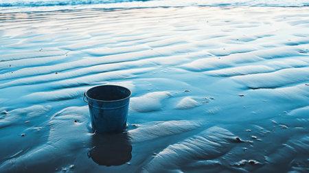 A peaceful beach shot with a single sea bucket left behind, surrounded by soft ripples of sand.の素材