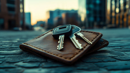 A pair of car keys placed on a leather wallet, with a background of a city parking garage.の素材