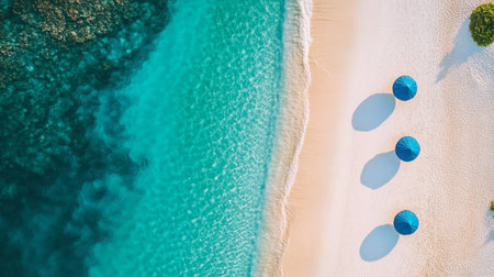 A peaceful Maldivian beach with vibrant turquoise waters, white sand, and a few beach umbrellas.の素材