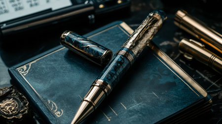 A pen with a click mechanism, resting on top of a notebook with a calendar and other office essentials in the background.の素材