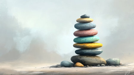 A peaceful scene of colorful pebbles stacked on a sandy shore, capturing the essence of mindfulness.の素材