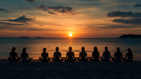 A peaceful beach yoga session at sunrise on Koh Samet, with practitioners meditating by the sea.の素材