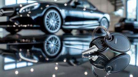 A pair of car keys on a clean, reflective surface with a luxury car in the background.の素材