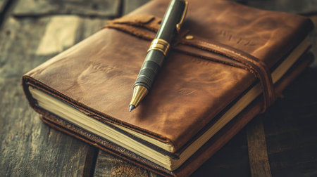 A pen placed on top of a leather-bound notebook, perfect for creating plans or setting goals in a business setting.の素材