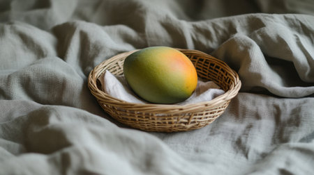 A perfectly round mango sitting in a woven wooden basket with a soft cloth beneath.の素材