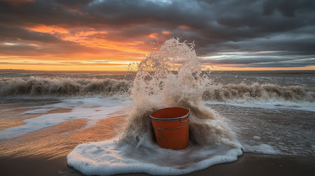 A playful photograph of a sea bucket being filled with water from a playful splashing wave.の素材