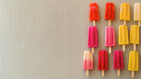 A playful summer banner showcasing a variety of vibrant popsicles arranged on a neutral beige canvas.の素材