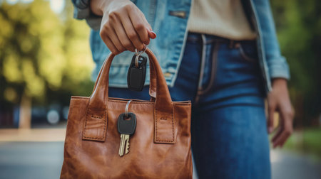 A person placing car keys in their bag, symbolizing the convenience of always being ready for a drive.の素材