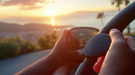 A person unlocking a car with a key fob, with a blurred view of the vehicle's interior.の素材