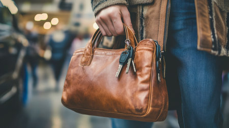 A person placing car keys in their bag, symbolizing the convenience of always being ready for a drive.の素材