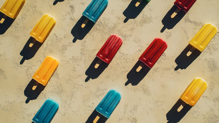 A playful arrangement of bright popsicles forming a captivating pattern on a neutral beige surface.の素材