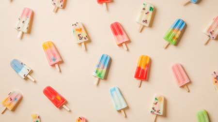 A playful yet elegant design showcasing an assortment of vibrant popsicles on a simple beige surface.の素材