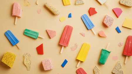 A playful banner with popsicles of different shapes and colors forming a vibrant pattern on a beige backdrop.の素材