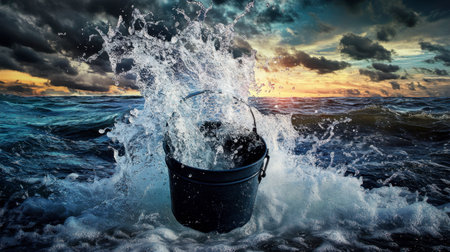 A playful photograph of a sea bucket being filled with water from a playful splashing wave.の素材