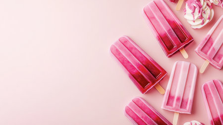 A refreshing summer banner with a variety of ice cream popsicles artistically placed on a beige background.の素材