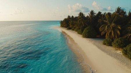 A quiet Maldivian beach with crystal-clear water and a gentle breeze swaying the palm trees.の素材