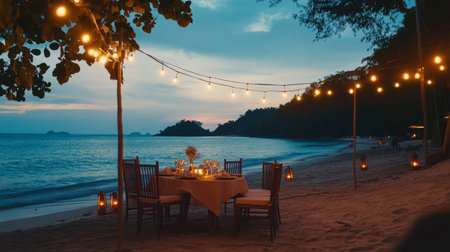 A romantic dinner setup on the beach in Koh Samet, with candlelight and ocean waves in the background.の素材