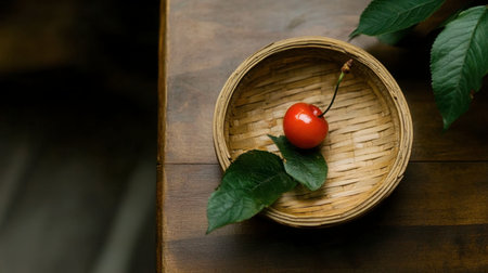 A ripe cherry resting in a simple wooden basket, surrounded by fresh green leaves.の素材