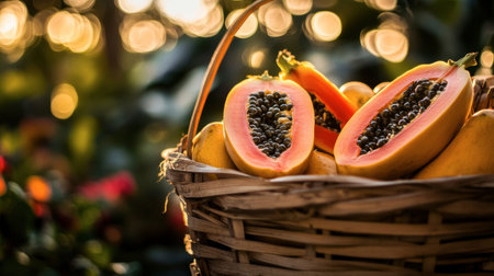 A ripe papaya sitting inside a wooden basket, with a tropical background and soft lighting.の素材