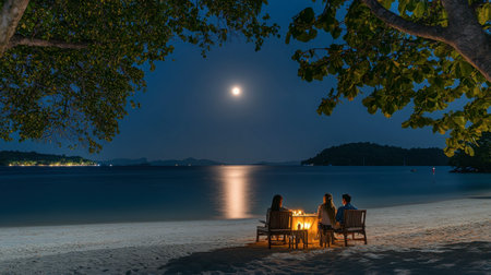 A romantic couple enjoying a private candlelight dinner on the beach, with the moon rising over Koh Samet's waters.の素材