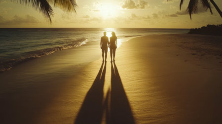 A romantic sunset over a Maldivian beach with palm trees casting long shadows on the sand.の素材