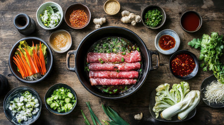 A rustic wooden table with a shabu pork pan, surrounded by colorful bowls of fresh vegetables and sauces.の素材
