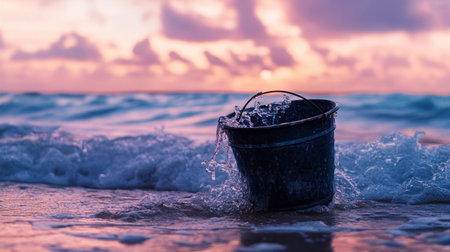 A sea bucket being rinsed by ocean waves, creating a dynamic and playful image.の素材