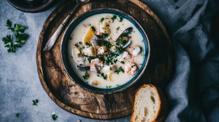A rustic bucket of fresh seafood chowder, served with a slice of crusty bread on the side.の素材