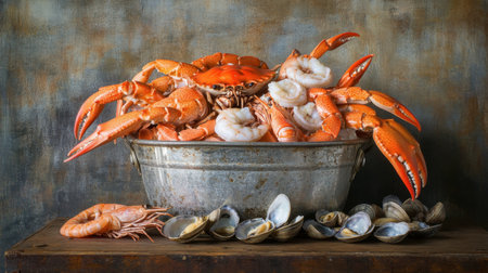 A rustic metal bucket brimming with freshly caught seafood, including shrimp, crab legs, and clams, set on a wooden table.の素材