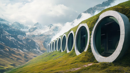 A row of sustainable factories equipped with advanced clean energy systems and zero-emission technology.の素材