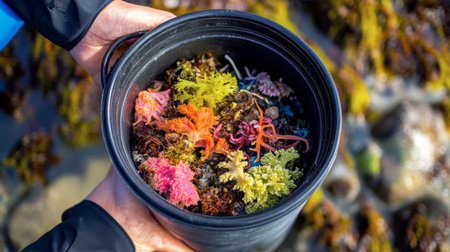 A sea bucket containing a collection of seaweed and tiny marine creatures, showcasing tidal pool discoveries.の素材