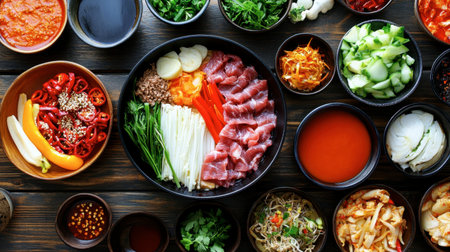 A rustic wooden table with a shabu pork pan, surrounded by colorful bowls of fresh vegetables and sauces.の素材