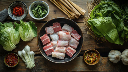 A rustic scene featuring a shabu pork pan, fresh ingredients, and traditional-style utensils on a wooden table.の素材