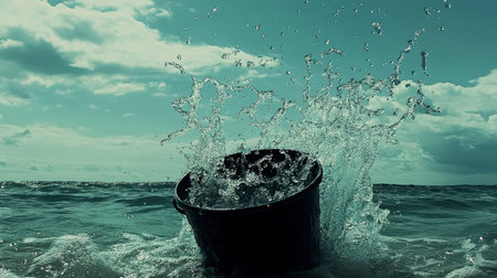 A sea bucket being rinsed by ocean waves, creating a dynamic and playful image.の素材