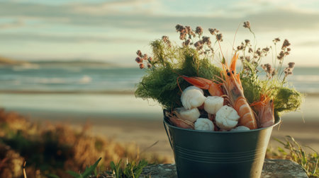 A rustic seafood bucket featuring prawns, scallops, and fresh seaweed, set against a coastal backdrop.の素材