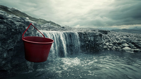 A sea bucket being filled with water from a small waterfall near a rocky coastline.の素材