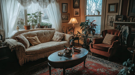 A royal and elegant living room setup with intricate furniture, a warm color palette, and timeless decor.の素材