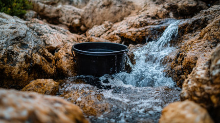A sea bucket being filled with water from a small waterfall near a rocky coastline.の素材