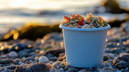 A sea bucket filled with colorful coral fragments and tiny shells on a rocky beach.の素材