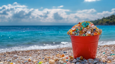 A sea bucket filled with colorful coral fragments and tiny shells on a rocky beach.の素材