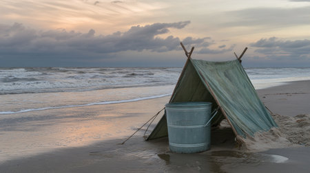A sea bucket doubling as a makeshift anchor for a small beach tent.の素材