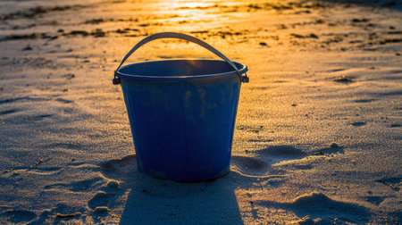 A sea bucket set against a vibrant sunrise, casting long shadows across the sand.の素材
